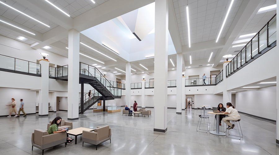 interior of modern facility with people in lobby