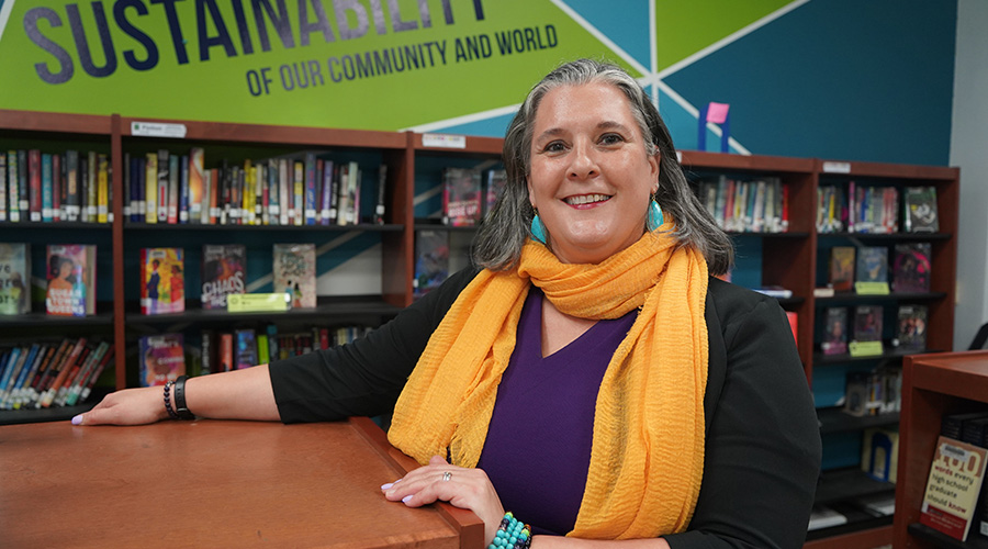 woman in library